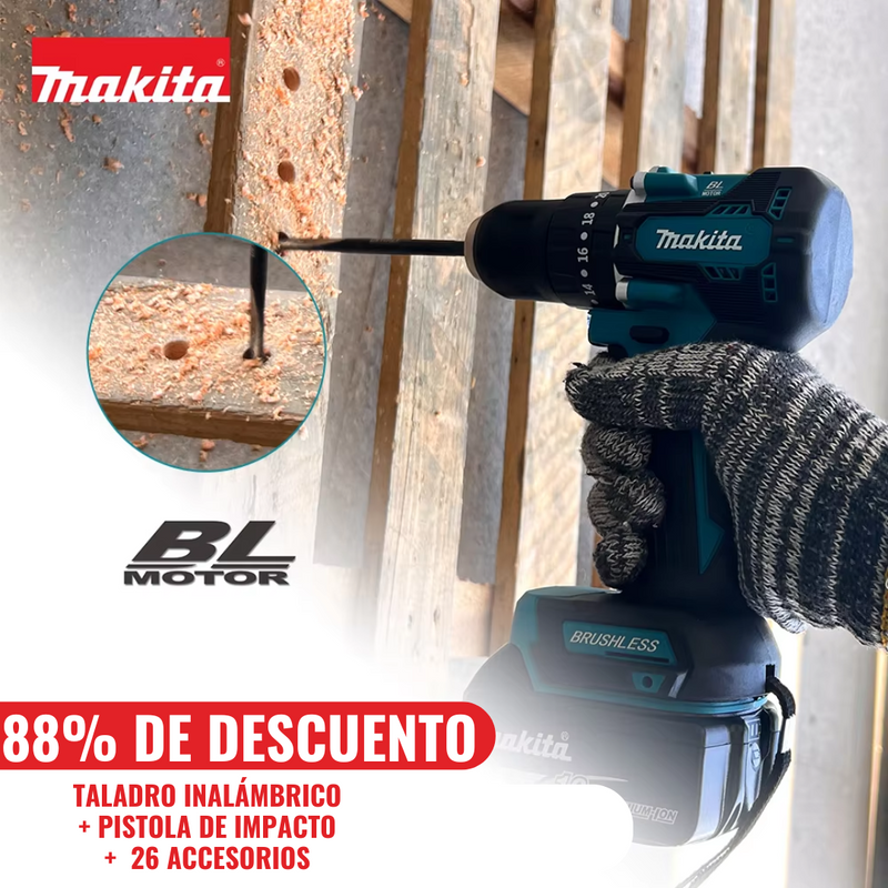 KIT MAKITA ORIGINAL: TALADRO INALÁMBRICO con PISTOLA DE IMPACTO + 26 ACCESORIOS + 2 BATERIAS PROMOCION CIERRE DE TIENDA - ENVIO GRATIS